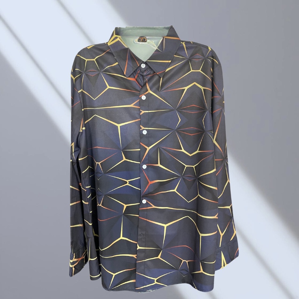 Black and Yellow Casual Button Down Shirt with Geometric Pattern